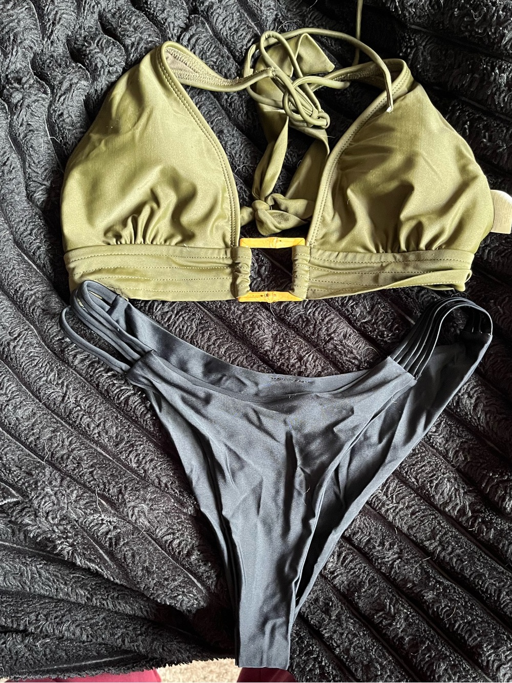 Olive Green & Charcoal Two-Piece Women's Swim Set